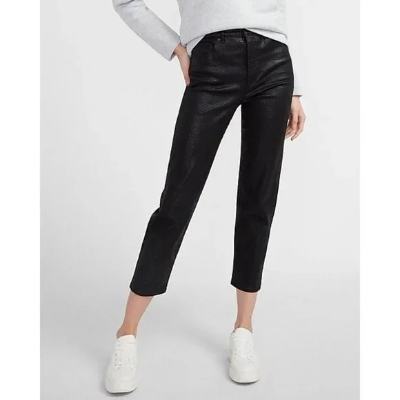 Express Jeans Express High Waisted Black Coated Snakeskin Mom